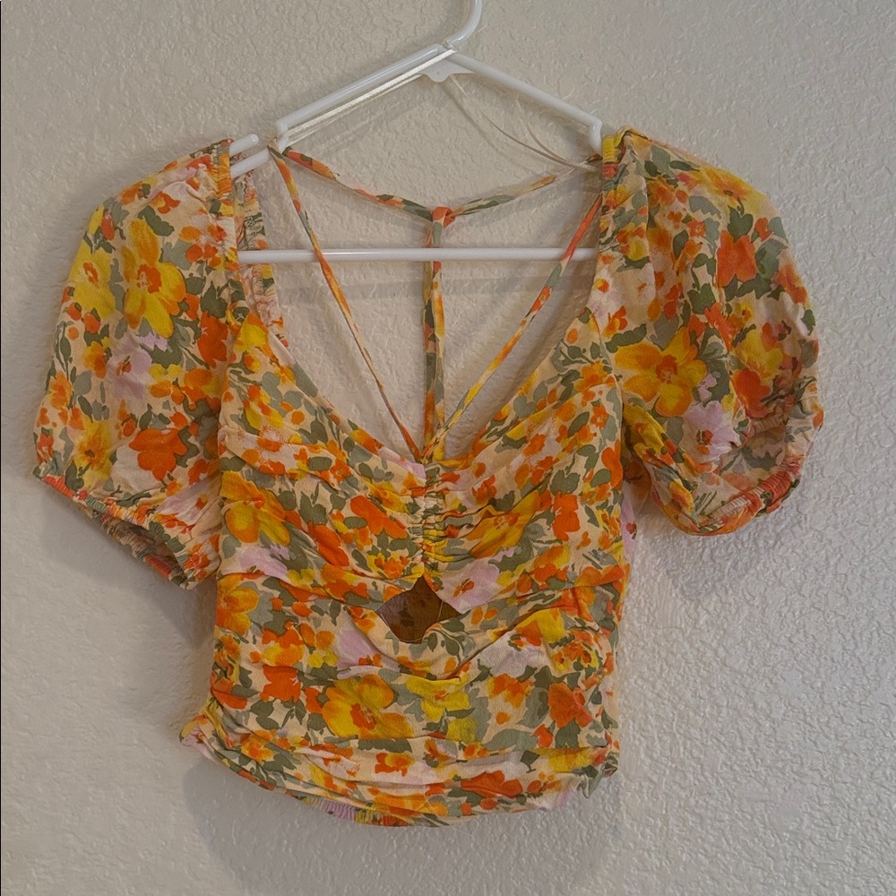 Astr Floral Ruched Top - Orange and Yellow